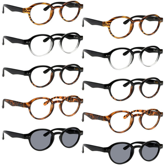 10 Pack Retro Round Reading Glasses Include Sunglasses R070eyekeeper.com