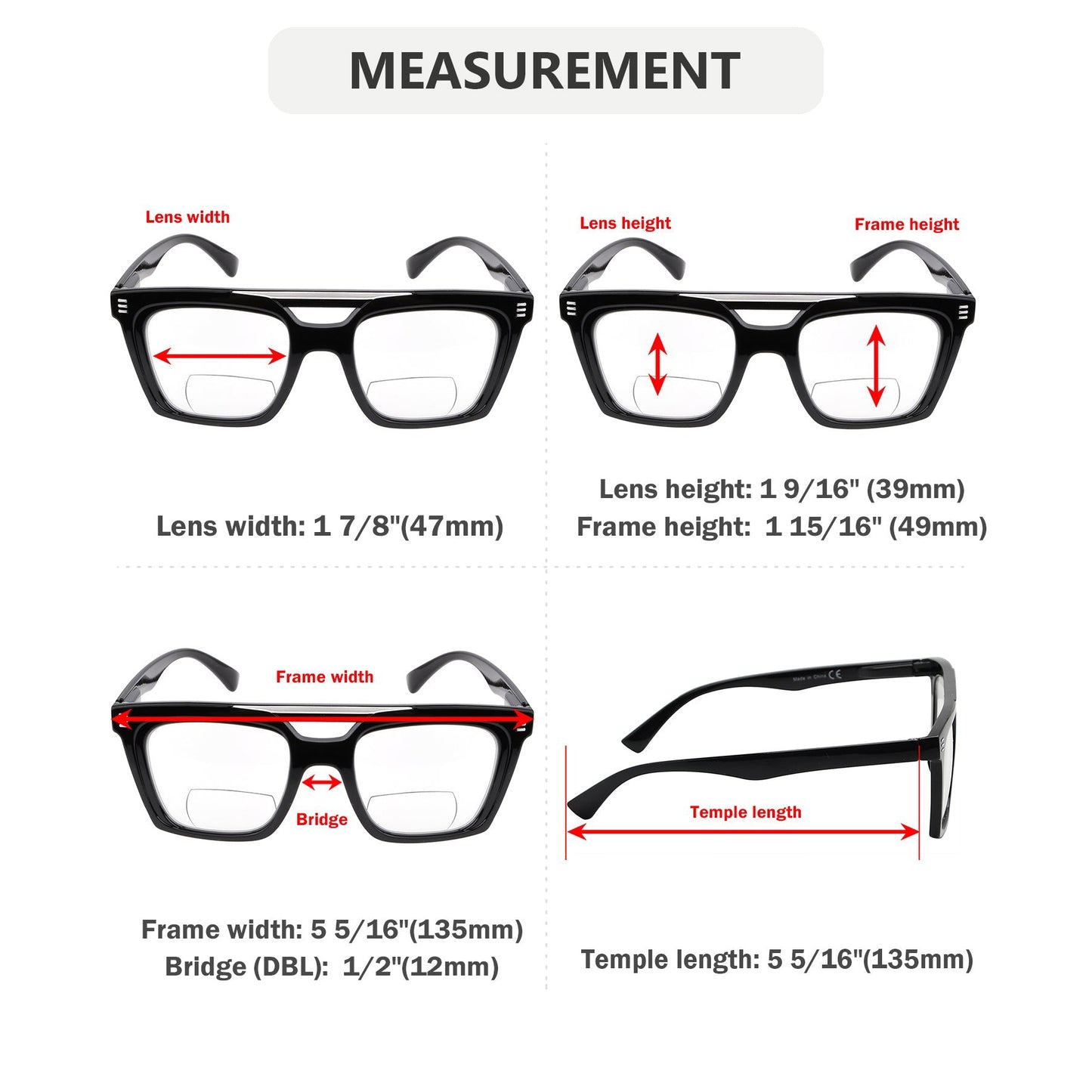 4 Pack Double Bridge Square Bifocal Reading Glasses BR2034