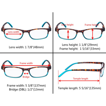 5 Pack Stylish Look Reading Glasses Rectangle Readers R111D